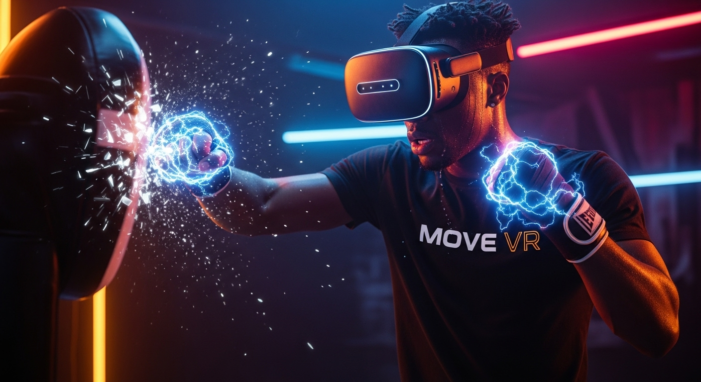 Mężczyzna w goglach VR trenujący boks na wirtualnym worku treningowym