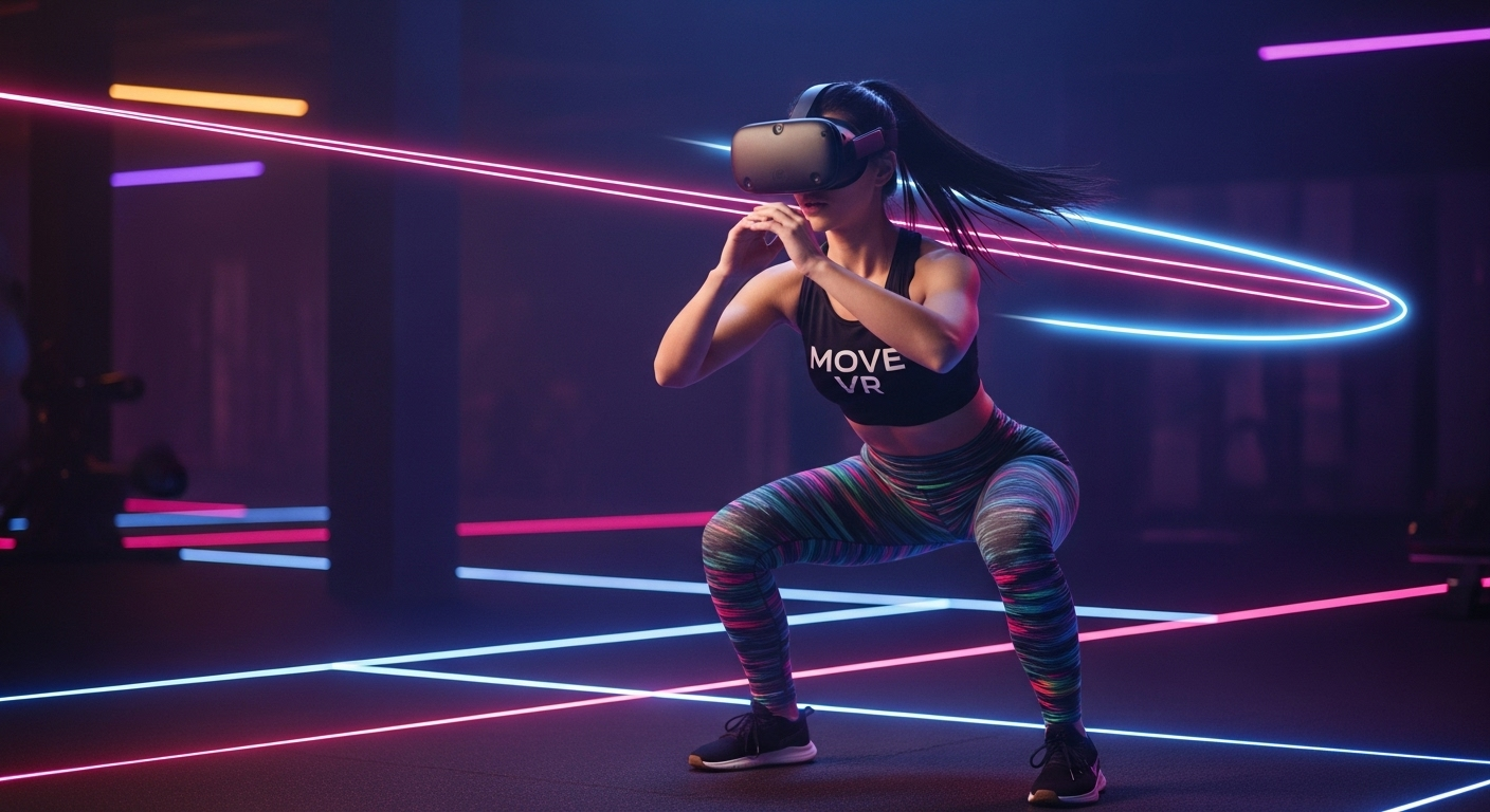 Kobieta w goglach VR wykonująca przysiady podczas intensywnego treningu fitness